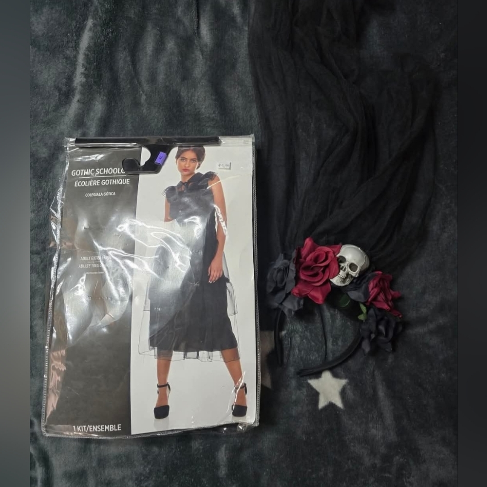 Gothic School Girl Costume Cape with Skull & Rose Headband - Black & Deep Red